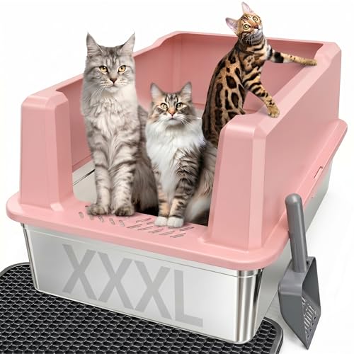 XXXL Stainless Steel Cat Litter Box with Lid, 26" L x 18" W x 12" H Metal Litter Box with High Sides for Big Cats & Multiple Cats, Never Absorbs Odors, Anti-Urine Leakage, Easy Cleanin(Pink)