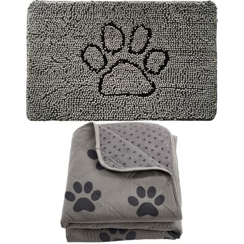 Bath Rug Shag and Pet Blanket, Chenille Doormat in 30x20 Inch Quick Dry Soft Microfiber in Paw Gray, Throw Blankets in 30x70 Inch Washable in Gray Black Paw, 2 Item Bundle