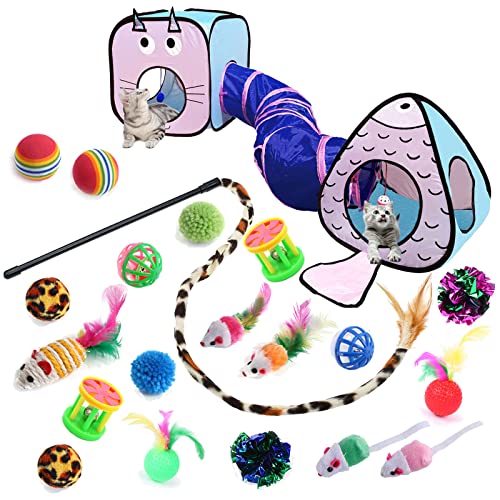 GONPET Set for Indoor Cats: 23 PCS Kitten Toys, Incl. Collapsible Pet Tunnel, Interactive Cat Teaser Wand & Balls