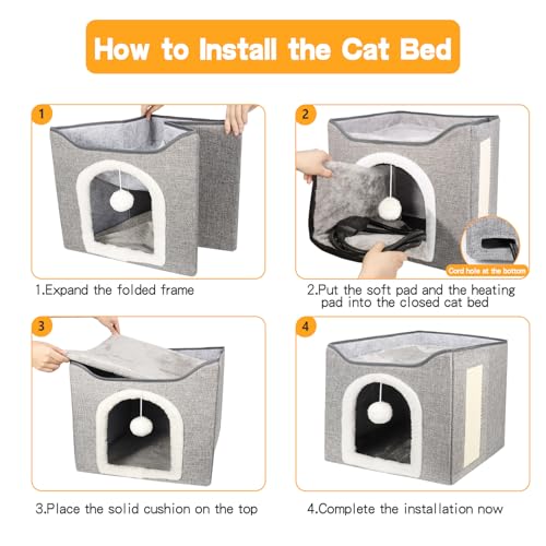 Heated Cat Bed for Indoor Cats, Foldable Cat House with Removable Heating Pad for Cats Small Dog Covered Cat Bed Cave Kitty Hideaway with with Scratch Pad, All Season Use - view 5