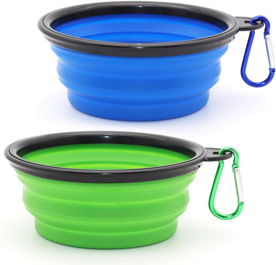 Dog bowl pet collapsible bowls, 2 pack for cats dogs, portable pet feeding watering dish for walking parking traveling with 2 carabiners (small, blue+green)