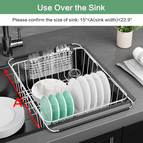 Large Dish Drainer Rack in Sink Adjustable, Expandable 304 Stainless Steel Metal Dish Drying Rack Organizer with Stainless Steel Utensil Holder Over Inside Sink Counter, Rustproof - view 3