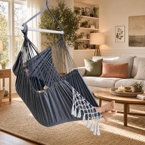 Hammock Chair Hanging Chair Swing Chair XXL Large Macrame Swing Indoor Hammock for Bedroom - Max 500 Lbs - 2 Cushions & All Hanging Kit Included - view 2