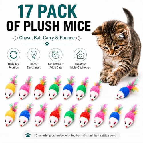 Cat Mouse Toys 17 Pack, Interactive Cat Toys for Indoor Cats, Catnip-Scented Plush Mice with Feather Tails & Rattle Sound, Kitten Toys for Entertainment, Exercise & Hunting Play - view 2