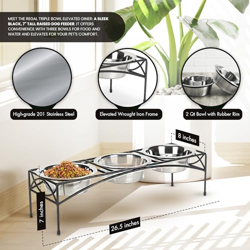 Regal Triple Diner - Triple Bowl Dog and Cat Feeder Stand - Ideal for Feeding Multiple Pets - Durable Wrought Iron Construction with 3-2 Qt Stainless Bowls - 26.5" L x 8" W x 7" H, Black - view 2