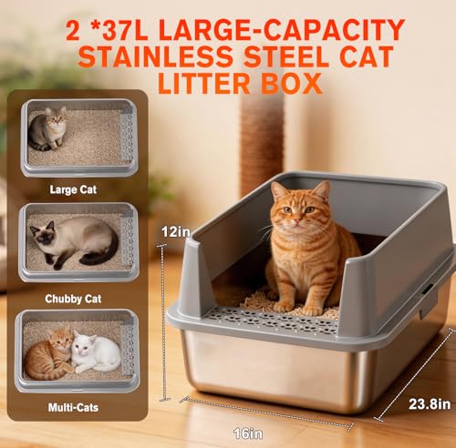2PACK Stainless Steel Litter Box, Metal Litter Boxs with Lid High Sides - view 4