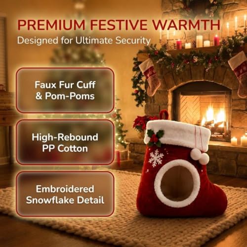 Christmas Stocking Cat Bed, Cozy Indoor Pet Cave House (Red) - view 3
