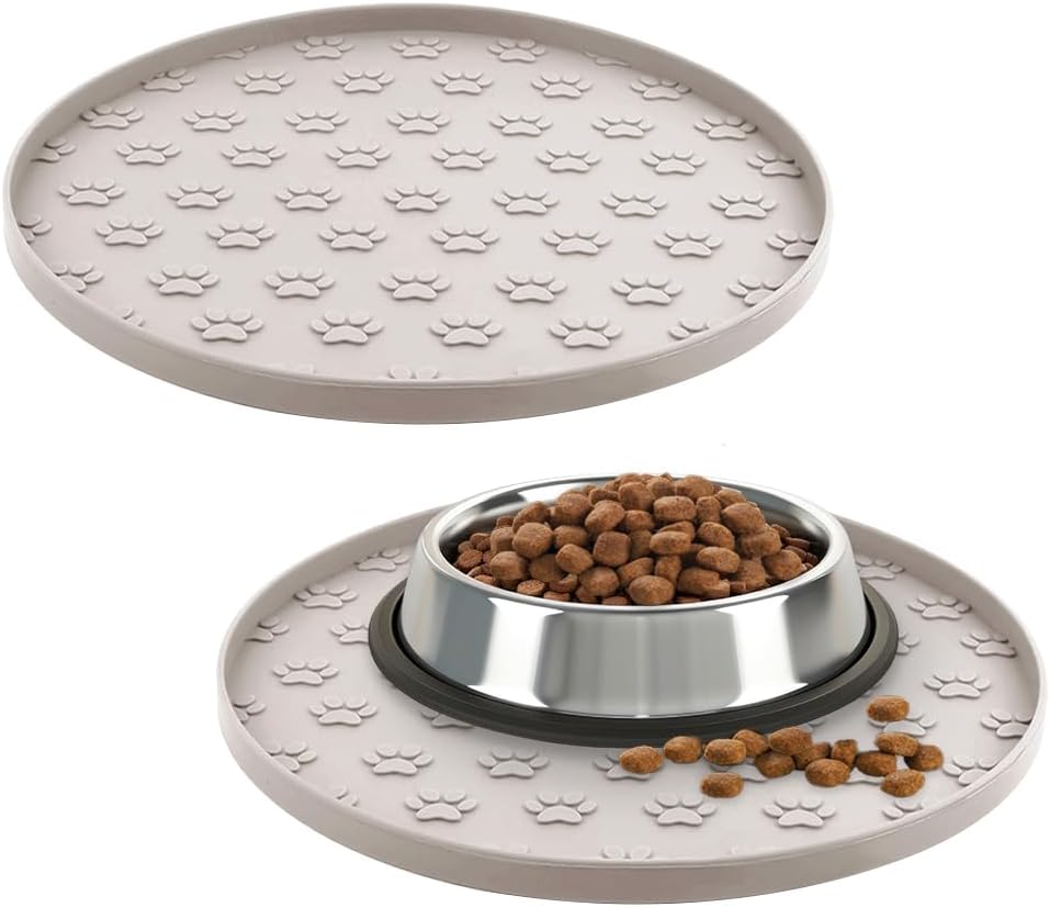 2 pack pet feeding mats, waterproof anti-slip placemats for dog cat bowl silicone pet food mat, raised edge prevent spills on floor & carpet, dishwasher safe (2 beige, 10.9" L x 10.9" W) - view 7
