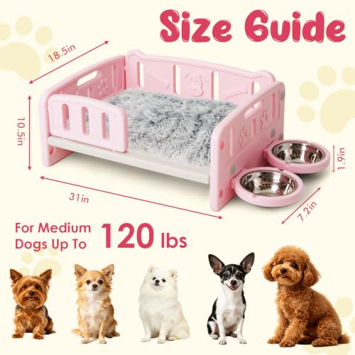 Small Dog Bed with Cushion & Bowls, Plastic Pet Bed for Puppies, Pink - view 2