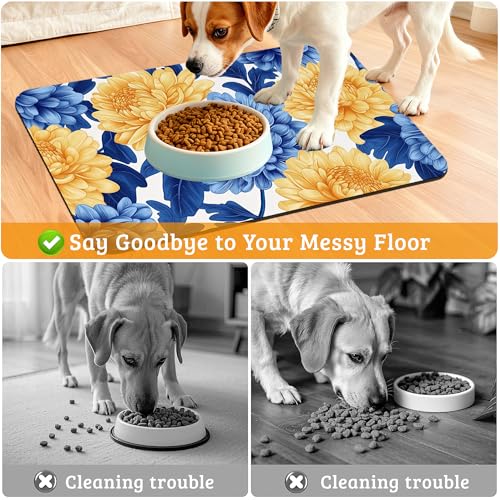 Blue Yellow Flowers Dog Food Mat, Absorbent Pet Feeding Mat for Food and Water Bowl,Quick Dry Dog Placemat Non Slip Rubber Backing Waterproof Pet Supplies 12" x 20" - view 4