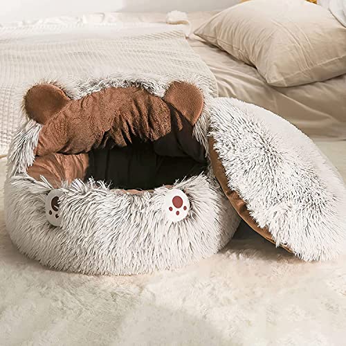 LIEMUAO Cat Beds for Indoor Cats Round Donut Cave Hooded Pet Bed Soft Cat Sleeping Enclosed House Machine Washable Pet Igloo Tent for Small Dogs, Puppy, Rabbit (S-(13.8"x13.8"x2.4"), Off-White) - view 4