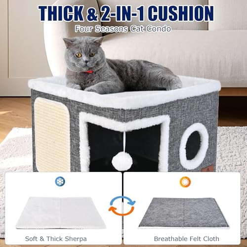 Cat Beds for Indoor Cats, Large Cat Cave Bed with Scratch Pad and Fluffy Ball, Foldable Cat Hideaway, Cat House with Reversible Cushion for Multi Small Pet Up to 30LBS, Grey - view 6