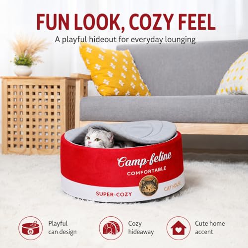 Enclosed Cat Bed for Indoor Cats & Kittens - Calming Cute Can-Shaped Covered Pet Cave with Removable Washable Cushion, Self-Standing Cozy Hideaway for Cats & Small Dogs up to 15 lbs - view 7