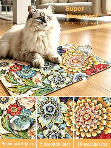 Dog Food Mat, 12" x 19" Flower Absorbent Dog Cat Bowl Mat for Food and Water, Cute Anti-Slip Rubber Pet Feeding Rug Protect Floors, Puppy Placemat for Feeding & Watering Supplies,Mandala Floral - view 3