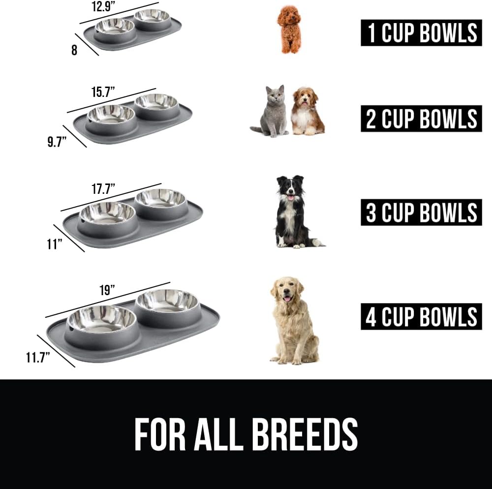 Dog bowl set with slip resistant silicone feeding mat, food grade 304 stainless steel bowls, BPA free, high edge spill containment, dishwasher safe, finger notch removal, 1 cup, gray - view 3