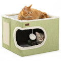 Cat Bed for Indoor Cats Cube House, Covered Cat Cave Beds & Furniture with Scratch Pad and Hideaway Tent, Cute Modern Cat Condo for Multi Small Pet Large Kitten Kitty, Green