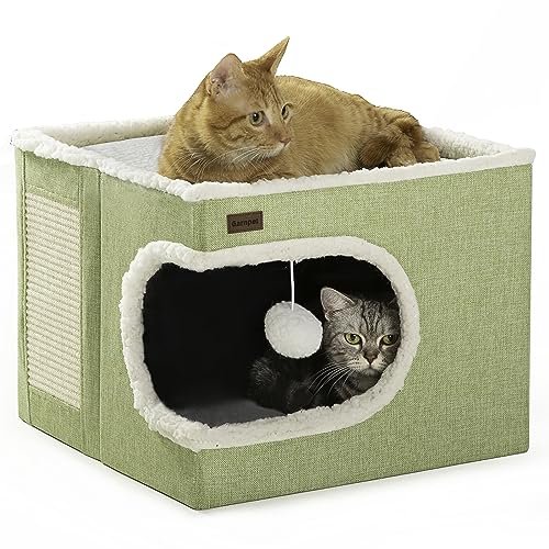 Cat Bed for Indoor Cats Cube House, Covered Cat Cave Beds & Furniture with Scratch Pad and Hideaway Tent, Cute Modern Cat Condo for Multi Small Pet Large Kitten Kitty, Green