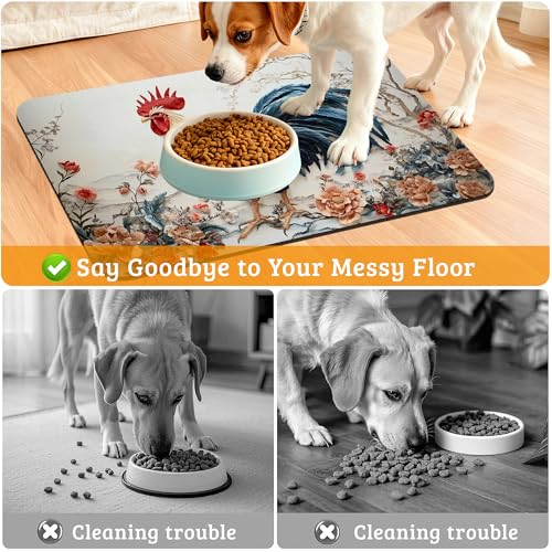 Dog Bowl Mat,Chicken Painting Pet Feeding Mat for Floors Waterproof,Flowers Absorbent Dogs Placemat for Food and Water Quick Dry Pet Cat Feeding Mats with Non Slip Bottom 16" x 24" - view 4