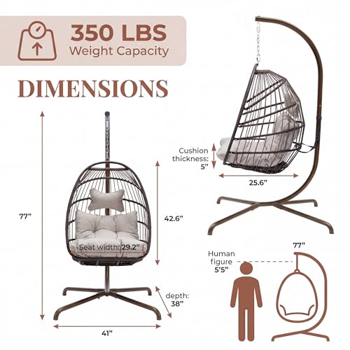 Outdoor Egg Hanging Chair with Stand, Indoor Wicker Swing Egg Chair with Stand 350lbs, Patio Swinging Hammock Chair for Outside, Egg-Shaped Chair for Balcony Bedroom Porch, Brown with Cover - view 4