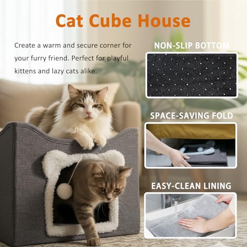 Cat Houses for Indoor Cats, Large Cats Bed Cave, Kitten Cube Box,Cat Condo with Scratching Pad, Hanging Fluffy Ball & Peekaboo Window, Foldable Hideaway Hand-Washable(16x16x13.3 Inches,Grey) - view 4