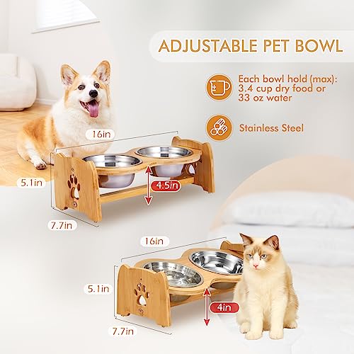 Elevated Dog Bowls for Cats and Dogs, Adjustable Bamboo Raised Dog Bowls for Small Dog, Food and Water Set Stand Feeder with 2 Stainless Steel Bowls and Anti Slip Feet (Height 4" to 4.5") - view 2