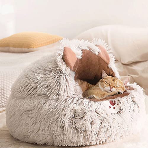 LIEMUAO Cat Beds for Indoor Cats Round Donut Cave Hooded Pet Bed Soft Cat Sleeping Enclosed House Machine Washable Pet Igloo Tent for Small Dogs, Puppy, Rabbit (S-(13.8"x13.8"x2.4"), Off-White) - view 2