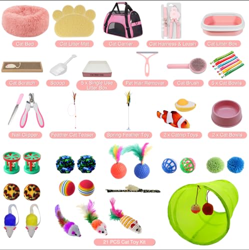 47PCS Kitten Essentials Starter Kit, 21PC Toy Set, Carrier, Litter Box Pink - view 2