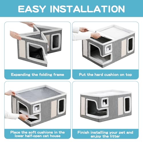 Large Cat Houses for Indoor Cats, Extra Wide Cat Cave Bed with Scratch Pad and Fluffy Ball, Foldable Cat Hideaway Condo for Large Cats, Modern Kitten Bed,23x16x13 inches (Grey, X-Large) - view 6