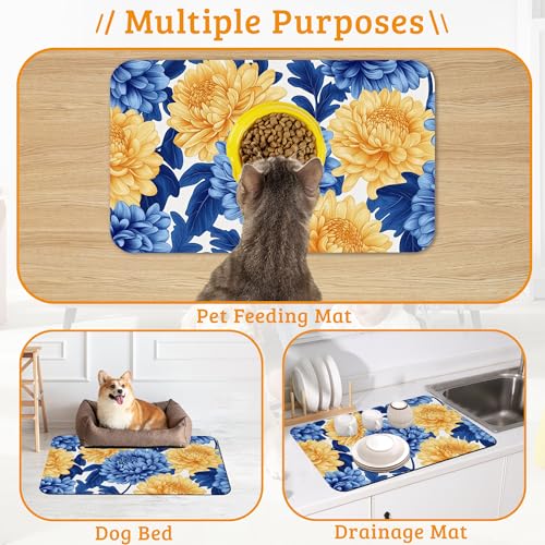 Blue Yellow Flowers Dog Food Mat, Absorbent Pet Feeding Mat for Food and Water Bowl,Quick Dry Dog Placemat Non Slip Rubber Backing Waterproof Pet Supplies 12" x 20" - view 7