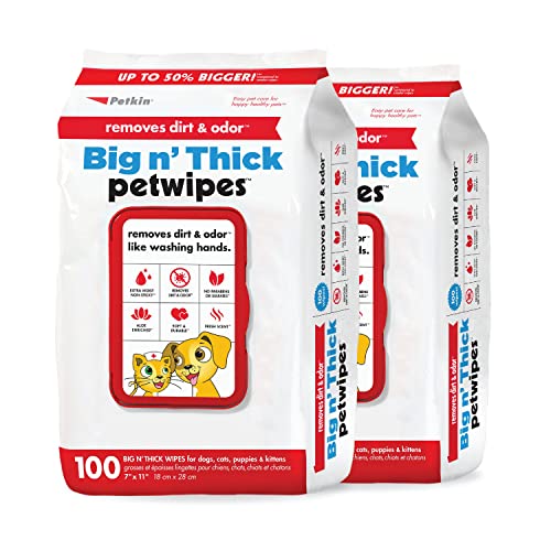 Pet Wipes for Dogs and Cats, 200 Large Wipes - Removes Dirt & Odor Like Washing Hands - Cleans Ears, Face, Butt, Eye Area - Convenient, Ideal for Home or Travel - 2 Packs of 100 Wipes