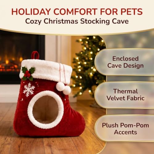 Christmas Stocking Cat Bed, Cozy Indoor Pet Cave House (Red) - view 2