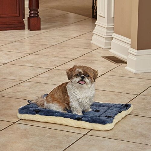 XXS QuietTime Reversible Paw Print Pet Bed, Soft Faux Fur & Fleece 18-Inch Crate Mat for Small Dogs & Cats, Machine Washable, Blue and Cream - view 2