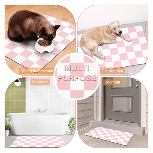 Cat Food Mat - 12"x 20" Cat Dog Mats for Food and Water Bowl, Checkered Pet Placemat Feeding Mat, Non-Slip Under Pet Bowls Mats for Messy Drinkers, Pink & White - view 6
