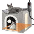 Heated Cat Bed for Indoor Cats, Foldable Cat House with Removable Heating Pad for Cats Small Dog Covered Cat Bed Cave Kitty Hideaway with with Scratch Pad, All Season Use