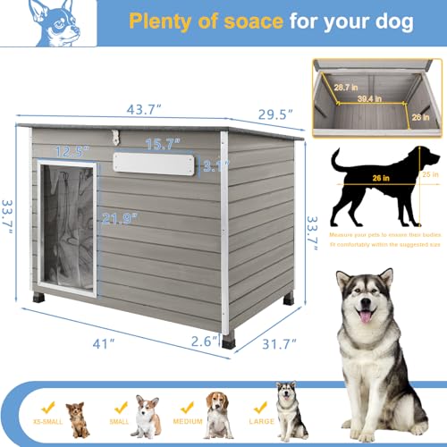 0.47" Thick Fir Wood Large Dog House Outdoor, Weatherproof Igloo House for Small to Large Dogs with Removable Floor & Raised Feet, Easy Assembly Pet Shelter for Outside Use - view 6