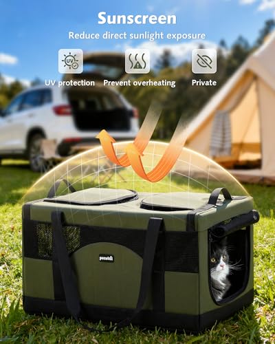 Large Cat Carrier, Soft Double Pet Crate for 2 Cats Travel, Green - view 6