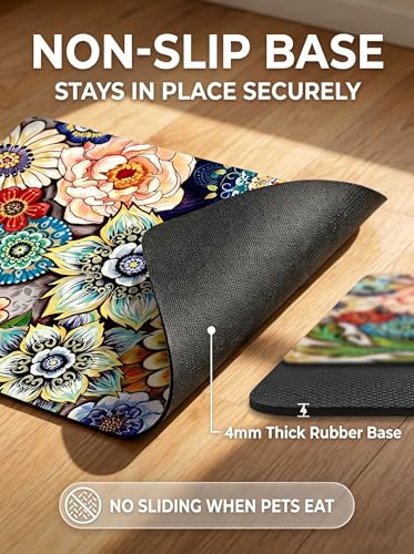 Dog Food Mat, 12" x 19" Flower Absorbent Dog Cat Bowl Mat for Food and Water, Cute Anti-Slip Rubber Pet Feeding Rug Protect Floors, Puppy Placemat for Feeding & Watering Supplies,Mandala Floral - view 4