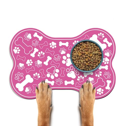 Dog & Cat Food Mat Bone Shaped Pet Feeding Mat Quick Absorb Water Bowl Placemat with Rubber Backing Indoor Floor Stain Resistant Pet Accessory Supplies (Pink Small, 12x18 Inches) - view 2