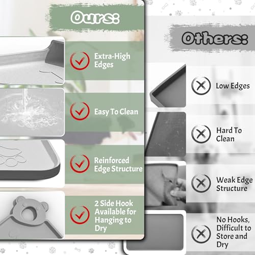 Silicone Dog Food Mat With Residue Collection Pocket - Waterproof Pet Feeding Mat for Cats and Dogs, Raised Edges, Hooks, Placemats for Water Bowl - view 4