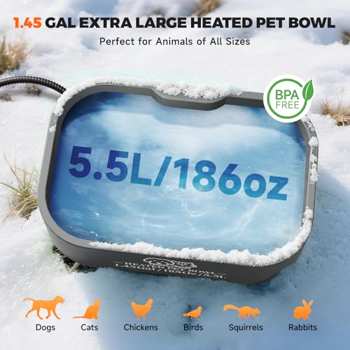 1.45 Gallon Extra-Large Heated Water Bowl for Dog&Cat,Outdoor Heated Dog Bowl with Anti-Chew Cord,Waterproof Heated Pet Bowl Provides Drinkable Water in Winter for Chickens,Squirrels,Rabbits,Grey - view 2