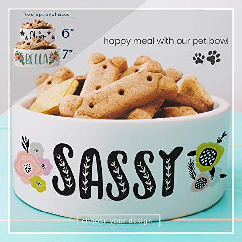Personalized Dog Bowl w/Name, Ceramic Bowl for Dogs and Cats, 2 Sizes for Small and Large Dogs - Pet Dish for Dry or Wet Food and Water, Custom Pet Food Bowl | Flowers, 7 inches - view 2