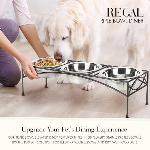Regal Triple Diner - Triple Bowl Dog and Cat Feeder Stand - Ideal for Feeding Multiple Pets - Durable Wrought Iron Construction with 3-2 Qt Stainless Bowls - 26.5" L x 8" W x 7" H, Black - view 4