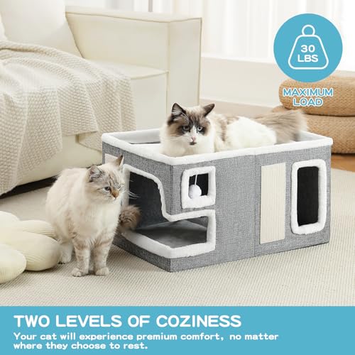 Large Cat Houses for Indoor Cats, Extra Wide Cat Cave Bed with Scratch Pad and Fluffy Ball, Foldable Cat Hideaway Condo for Large Cats, Modern Kitten Bed,23x16x13 inches (Grey, X-Large) - view 5