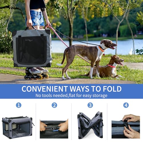 Collapsible Dog Crates for Large Dogs Portable Soft Sided Travel Dog Carrier for Indoor & Outdoor, 4-Door Foldable Pet Kennel with Durable Mesh Windows (Gray, 24.0" L x 17.0" W x 17.0") - view 4