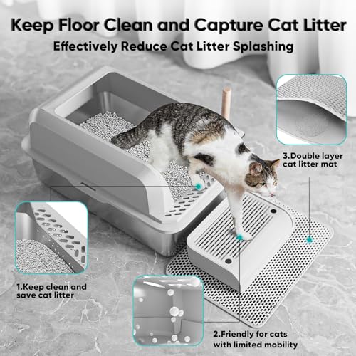 Stainless Steel Cat Litter Box with Lid, XL Large Litter Box for Big Cats, Enclosed Kitty Litter Pan with High Sides, Anti-Leakage & Non-Stick, Easy to Clean, Included Scoop, Aisle and Mat - view 4