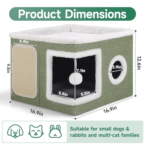 Cat House Bed for Indoor Cats with Fluffy Ball and Scratch Pad Green - view 2