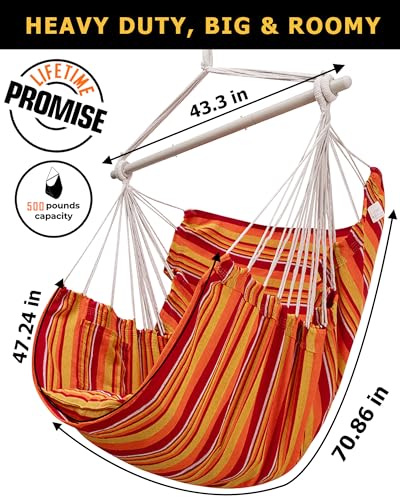 Hammock Chair Hanging Chair Rope Swing XXL - Max 500lbs, 70in Large Hammock Swing Chair -Portable Steel Spreader Bar with Anti-Slip Rings-Roomy & Strong - view 4