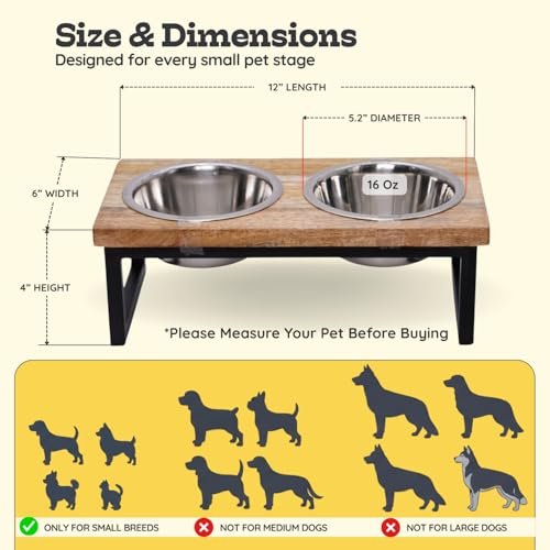 Elevated Dog Bowls, 4” Small Dogs & Cats Raised Bowl Mango Wood Stand, Food & Water 2 Stainless Steel Dishes Each 16oz/2Cup Capacity, Non-Slip Pet Feeder Station in Brown for Toy Breeds - view 3