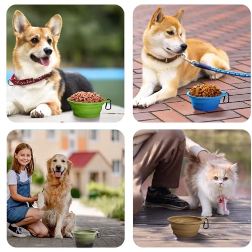 2-Pack Large Silicone Collapsible Dog Bowls, 34oz/1000ml BPA Free Portable Foldable Travel Bowl for Pet Cat, Food Water Feeding Dish for Camping with 2 Carabiners (Light Mint, Beige Cream) - view 6