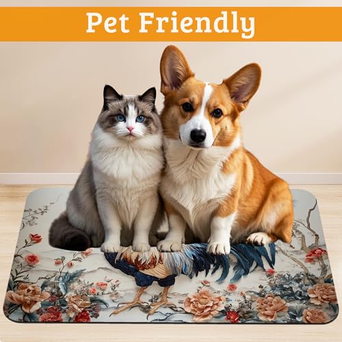 Dog Bowl Mat,Chicken Painting Pet Feeding Mat for Floors Waterproof,Flowers Absorbent Dogs Placemat for Food and Water Quick Dry Pet Cat Feeding Mats with Non Slip Bottom 16" x 24" - view 2
